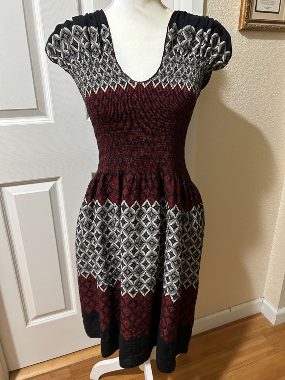 Max Studio Burgundy, Black & Ivory Patterned Midi Dress